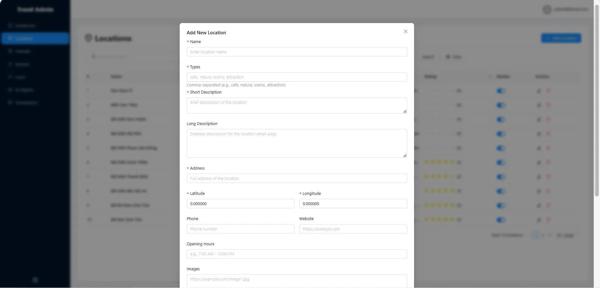 Add location form in a modal with name, types, descriptions, address and coordinates