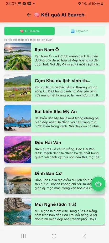 AI search results ranked by relevance, with a keyword tab