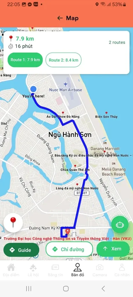 Route to a destination with distance, duration and two route options